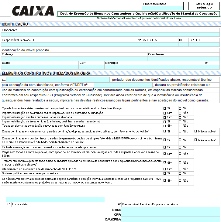 Modelo da Declaração de Execução de Elementos Construtivos e Qualificação ou Certificação do Material de Construção da Caixa